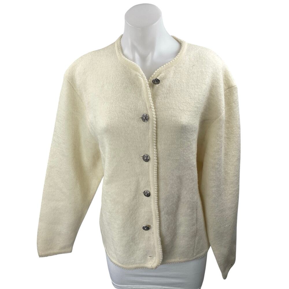 Vintage Tally-Ho Cream 100% Wool Long Sleeve Button Down Cardigan Sweater M